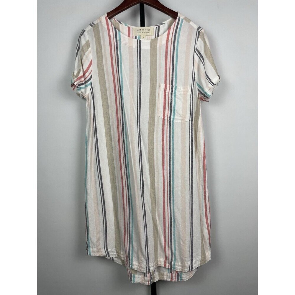 Cloth & Stone Multicolor Striped Short Sleeve Button Back Linen Blend Dress Sz S